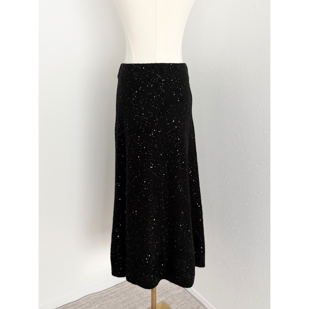 NWT Loft Black Sequin Sweater Knit Stretch‎ Pull On Sparkly Holiday Midi Skirt M